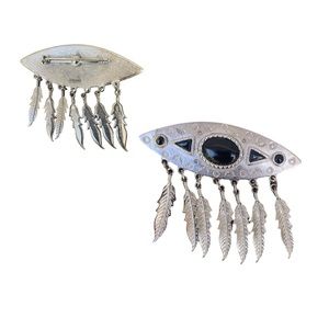 JJ Jonette 1988 Vintage Southwest Pewter Feather & Onyx Brooch